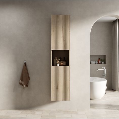 Armoire de salle de bains haute 160 cm, 2 portes et niche ouverte, chêne blanc, OKMYHOME (1/5)