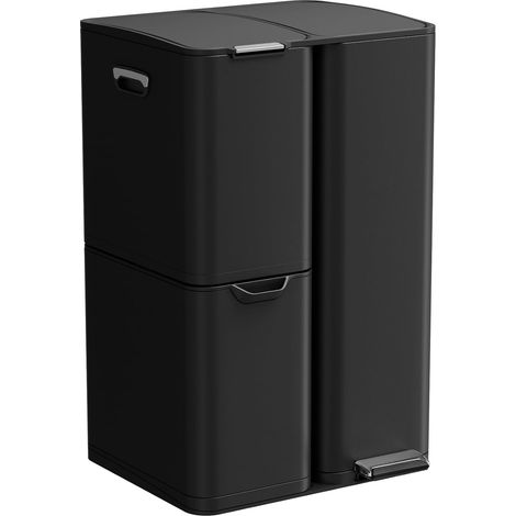 Mülleimer 3 Fächer, 60L Mülltrennsystem (30 + 17 + 13 L) mit Softclose Deckel, Abfalleimer Küche aus Edelstahl Metall, Inneneimer Abnehmbar mit Griffe,Treteimer, Schwarz (1/5)