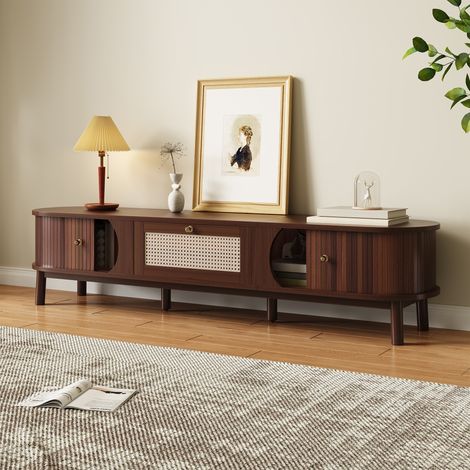 Meuble TV 170 cm en Bois et Cannage Rotin Tissé, 2 Portes Coulissantes à Lattes, 1 Tiroir, Pieds Bois Massif, Console TV pour Salon Style Champêtre Boho Scandinave (1/5)