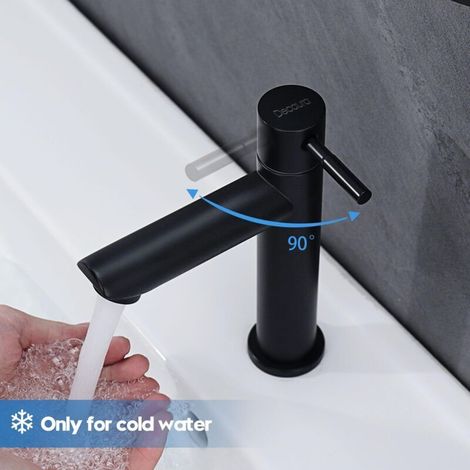 Robinet lave main eau froide uniquement, robinet lavabo eau froide pour WC, robinetterie avec Bec Hauteur 100mm en acier inoxydable Noir Matte (1/3)