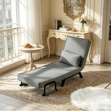 Sillón cama convertible 65x78x75/184x26x65 cm gris en lino y metal con respaldo ajustable (1/5)