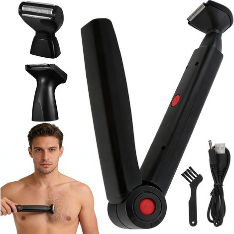 Rasoir Électrique pour Le Dos Homme, USB Tondeuse Corps Homme avec 2 Têtes de Rasage Amovibles et Poignée Ergonomique, Rasoir Pliable pour le Dos, le Torse et les Épaules (1/5)