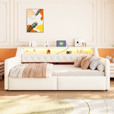 Lit banquette coffre 90x200cm avec rangement hydraulique,LED,lit de jour avec USB et Type-C et étagère,lin et MDF,beige (1/5)