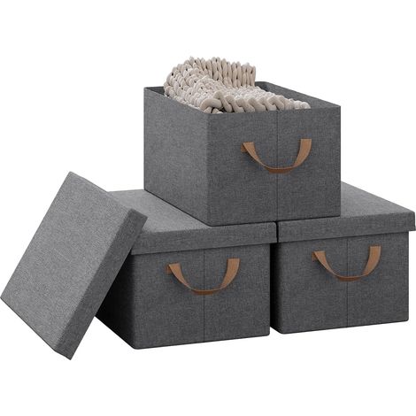 WOLTU Lot de 3 Boîte de Rangement 43x33x26cm en Tissu non Tissé, Caisse Rangement Pliable, Coffre de Rangement avec Poignée, Couvercle Amovible, Gris (1/5)