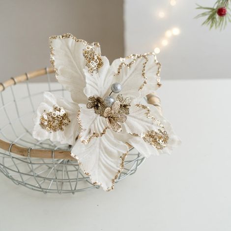 Fleur Artificielle Poinsettia - 22 cm - Décoration De Noël - Avec Pinces - Blanc Or Vert Champagne Rouge - 1 Pièce (1/5)