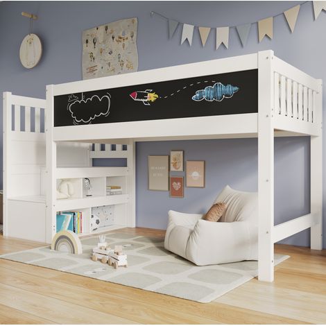 Lit 90x200 mezzanine enfant avec rangement blanc HAVRYA (1/5)