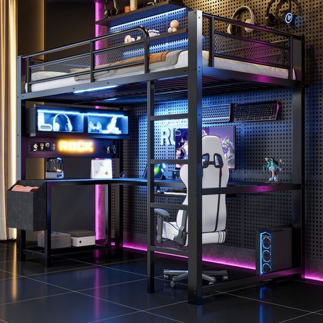 Letto a soppalco 90x200 con scrivania e LED OKMYHOME (1/5)