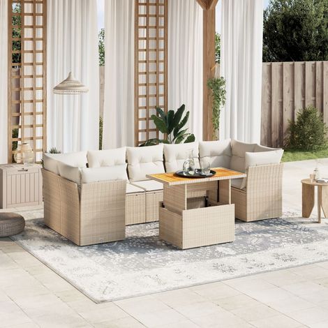 Ensemble Salon Jardin 8 Places Résine Tressée Beige avec Coussins - Table Réglable Hauteur Modulable (1/3)