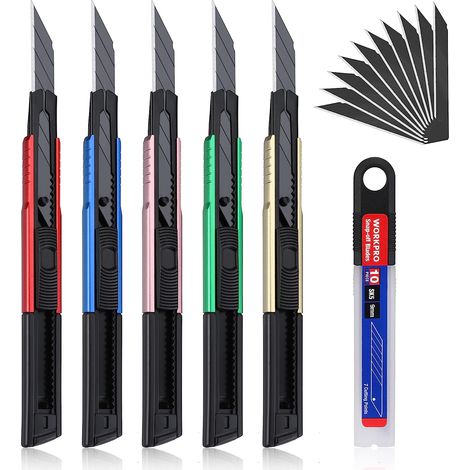 WORKPRO Lot de 5 Cutters Professionnels en Alu, Cuter Rétractable 9mm, Positions de Verrouillage, Lames de Cutter Sécables en SK5, 10 Lames de Rechange Comprises, Idéal pour Papier, Carton (1/5)