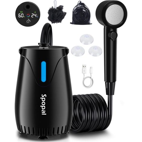Camping Shower, [Night Light Mode & Rechargeable] Portable Camping Shower, 8000mAh, IPX8, 5 Adjustable Speeds, Type-C, with LED Screen, for Camping, Outdoor Use, Pet Bathing (1/5)