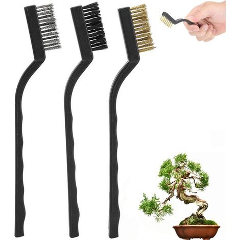 Lot de 3 mini brosses métalliques pour bonsaï - Polissage et décapage de la rouille - Brosse de nettoyage des métaux - Manche en plastique - Convient pour l'entretien du jardin : peinture, nettoyage d (1/5)