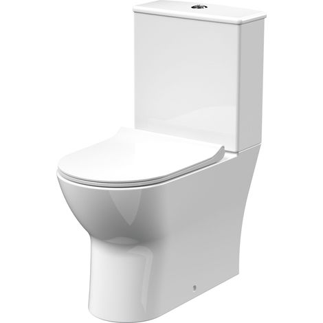 Baswich Rimless Flush to Wall Close Coupled Toilet Pan, Cistern & Soft Close Sandwich Seat - 806mm x 375mm x 612mm (1/5)
