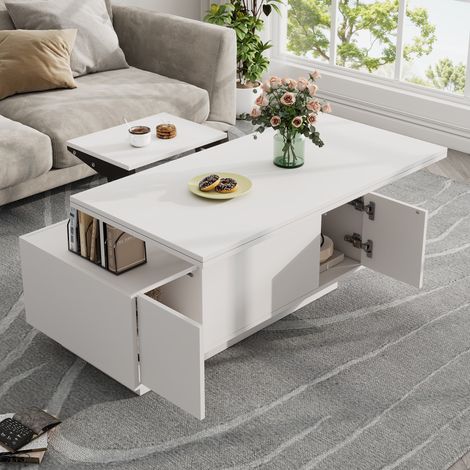 Mesa de centro moderna con dos tableros regulables en altura y espacio de almacenamiento oculto color blanco (1/5)