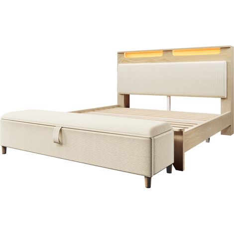 Letto matrimoniale 140x200 cm in legno con panca contenitore, testiera LED, beige, materasso incluso (1/5)