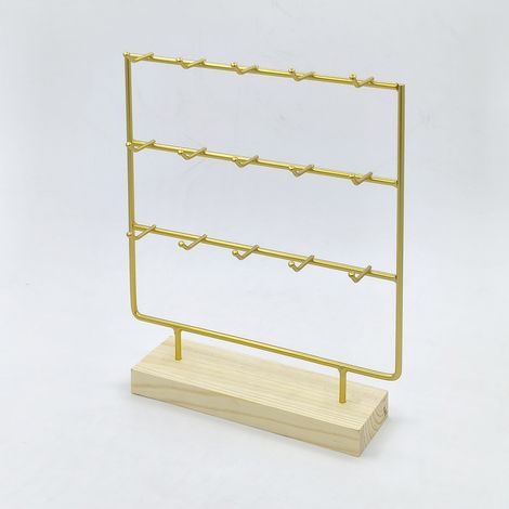 Schmuckständer, 3-stöckig, 15 Haken, Schlüsselhalter aus Holz und Aufbewahrungsdisplay für Ohrringe, Halsketten, Schmuck, Ringe, Armbänder und Schlüsselanhänger (Gold)
