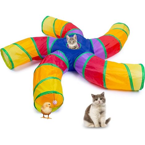 Tunnel d'intérieur pour chat, grand tunnel jouet à 5 voies et tube avec balle de jeu, tube pliable en forme de S avec gueule de poisson interactive, idéal pour l'exercice en intérieur, convient aux ch