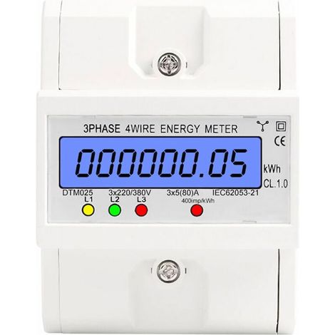 Compteur électrique triphasé classe 1.0, écran LCD rétroéclairé, 100 x 76 x 65 mm, blanc, mesure de consommation