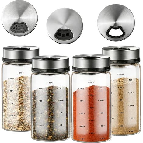 Lot de 4 - Pot à épices - Couvercle rotatif - Verre borosilicate - Acier inoxydable 304 - Dosage précis - Cuisine et barbecue - Transparent et argenté - 200 ml (1/5)