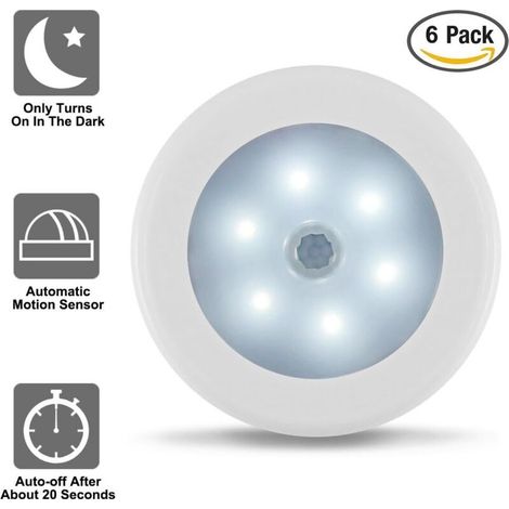 Lampes de Nuit Détecteur de Mouvement, Lot de 6 Action Activée Capteur de Luminosité LED Lumières dans Obscurité pour Chambre à Coucher Toilette Cuisine Couloir Placard Armoire Escalier [Classe (1/3)