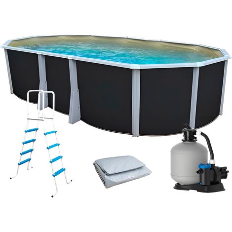 Kit piscine hors-sol acier Toi ANTHRACITE IBIZA ovale 640X366X132cm liner beige (1/5)