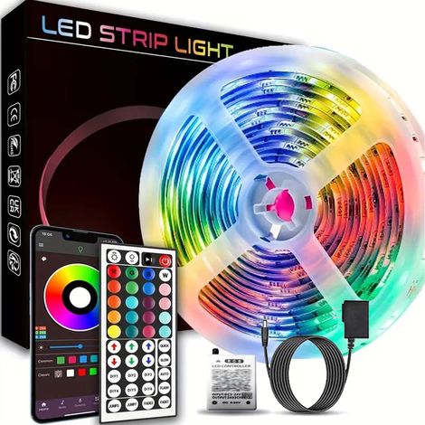 Bande LED RGB intelligente de 5 m avec application, télécommande et adaptateur mural