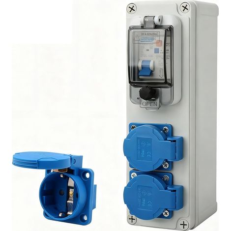 Coffret Electrique de Chantier 16A, Tableau Electrique 250V 2P Boitier Electrique Etanche avec Interrupteur fi Disjoncteurs Electriques IP54 Prise Extérieure pour Intérieurs et Extérieurs