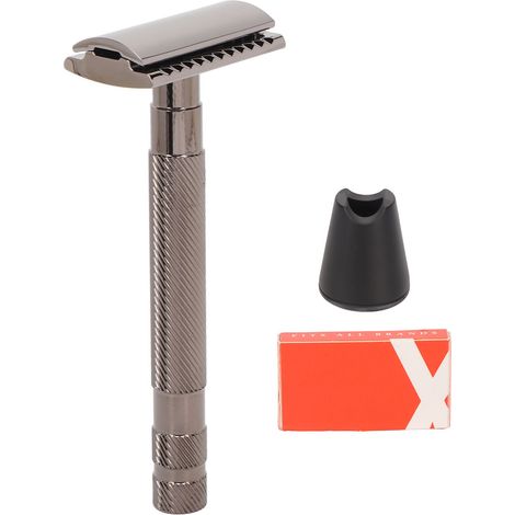 Kit de coupe-barbe manuel à double lame en alliage réutilisable, tondeuse avec support de rasage. (1/5)