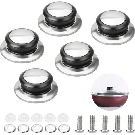 Bouton Couvercle Casserole - Acier Inoxydable et Bakélite - Résistant à La Chaleur - Universel pour Bouilloires Poêles Casseroles - Lot de 5 (1/5)