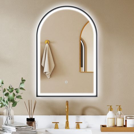 Miroir de Salle de Bain avec Lumière 60x90 cm Miroir de Mur Arrondi 3 Couleurs de Lumière Brillance Réglable Fonction Antibuée Noir