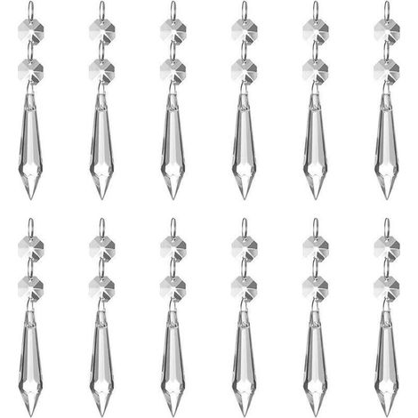 Lot de 12 pendentifs en cristal transparent effet prisme de glace (62 mm), avec 12 perles octogonales et anneaux, pour lampe, jardin, fête, Noël, mariage.