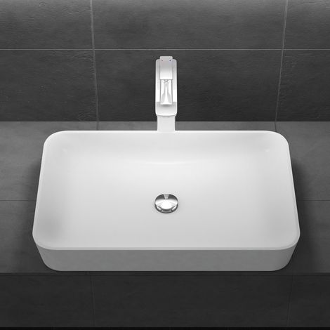 Bathroom Cloakroom 600mm x 400mm Stone Resin Bathroom Basin - Countertop Rectangular Bathroom  Sink - White Satin - Durovin Bathrooms (1/5)