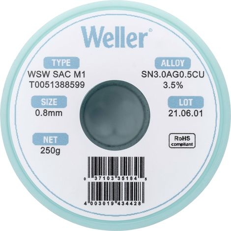 Étain à souder sans plomb Sn3,0Ag0,5Cu 0.8 mm Weller WSW SAC M1 bobine 250 g (1/5)
