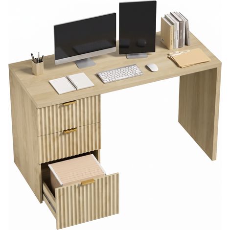 Bureau d'ordinateur - HOMCOM - rangement réversible, 3 tiroirs façades ondulées, plateau épais spacieux - bois - 120x50x76cm - chêne