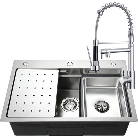 CECIPA MAX Évier de cuisine 70 x 45 cm en acier inoxydable + mitigeur avec ressort et double bec, incluant panier de dégivrage/passoire et kit de vidage (1/5)