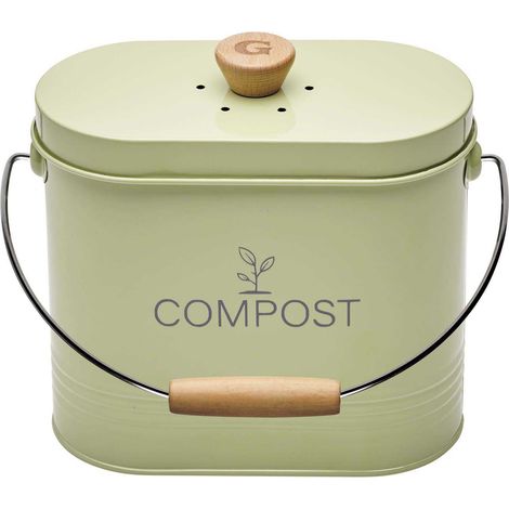 Seau à compost ovale 3 L vert sauge – Couvercle ventilé avec filtre au charbon – Poignée en bois ergonomique – Dimensions 11 x 24 x 20 cm – Guillouard (1/7)
