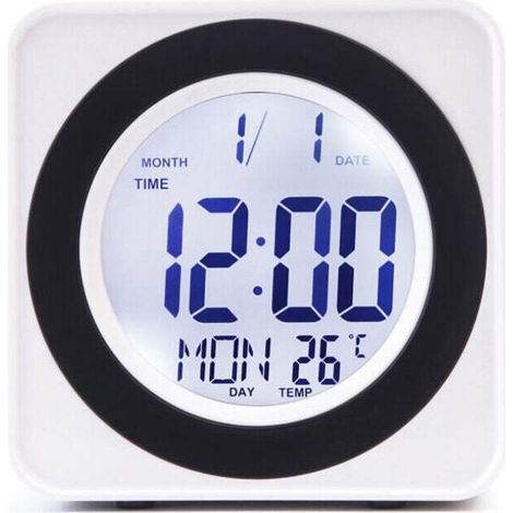 Horloge Murale Électronique Carrée LCD Rétroéclairage Commande Vocale Thermomètre Calendrier Affichage Blanc (1/4)