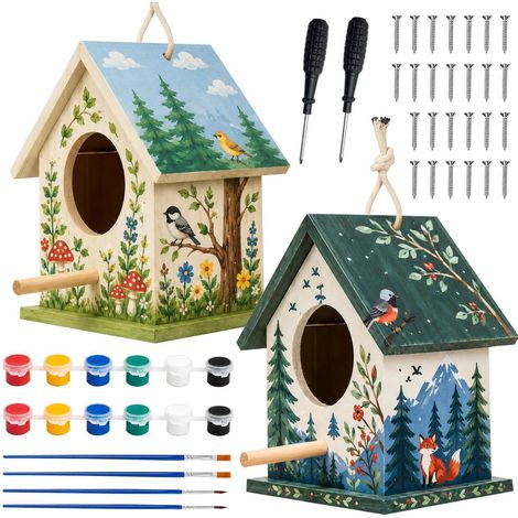 Vogelhaus Bausatz zum Bemalen, 2 Stück Holz Bastelset für Kinder & Erwachsene (1/4)