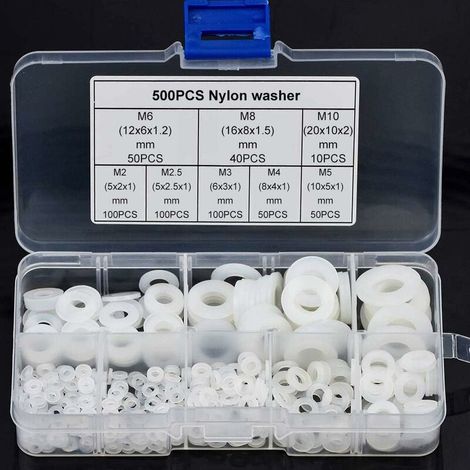 500 Pack Nylon Washer, Plastic Nylon Flat Washers M2 M2.5 M3 M4 M5 M6 M8 M10, Spacer Assortment White Nylon Washer Kit with Box for Plumbing, Screws, Bolts (1/5)