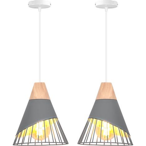 Suspension Luminaire Moderne Industrielle Bois Lustre Abat-jour Métal Vintage forme Cage Ø25cm Plafonnier E27 Design pour Cuisine Chambre Salon (Gris-2pcs) [Classe énergétique A]