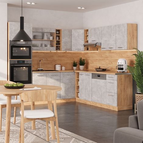 Cocina esquinera R-Line, Hormigón/Roble dorado, 247 x 237 cm, ET Roble, Vicco