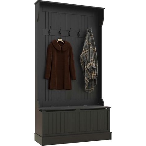 Meuble de rangement moderne multifonction noir avec banc et 5 crochets 96x34x179,7 cm pour chaussures et manteaux (1/5)