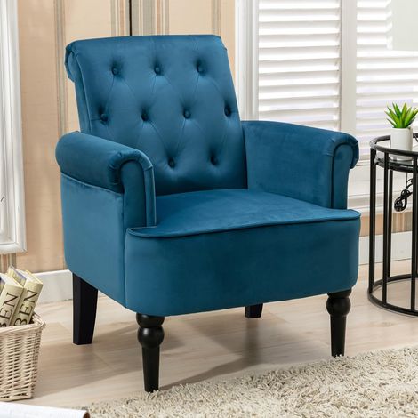 Modern tufted reading chair with armrests and high back upholstered in velvet and solid wood legs for living room, bedroom, waiting room (blue) (1/5)
