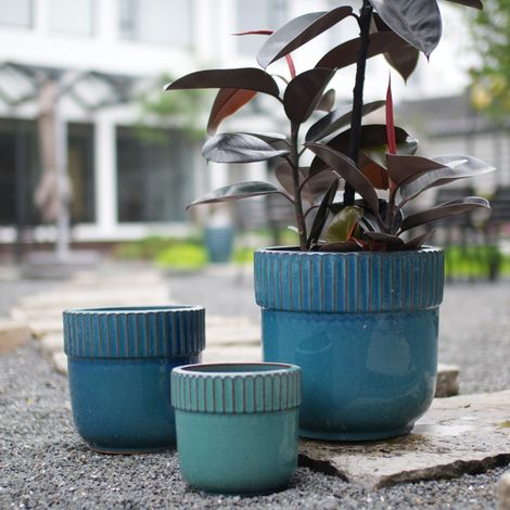 Lot de 3 pots de fleurs en céramique émaillée turquoise, Ø 38/30,5/23 cm (1/5)