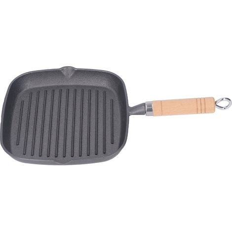 Poêle à griller multifonction, poêle à steak carrée en fonte avec revêtement antiadhésif et manche en bois, idéale pour le bacon, le steak et les oignons. (1/5)