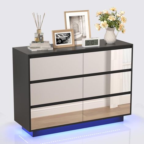 Commode 6 tiroirs avec miroir et éclairage LED, noir 100x34x72.5cm (1/5)