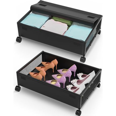 Lot de 2 boîtes de rangement sous lit avec roulettes, commode métallique avec couvercle et étiquette, coffre pour vêtements, jouets, couvertures, chaussures, livres, chambre (1/5)