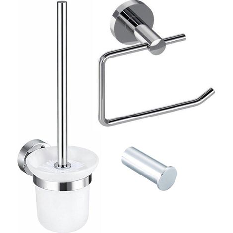 Fortifura Calvi Pack WC 3 pièces - porte-rouleau sans couvercle - brosse de toilette - crochet à serviette simple rond - chrome