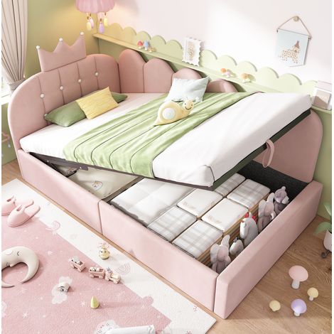 Lettino da giorno in velluto rosa 90x190 cm con contenitore idraulico e base a doghe (1/5)