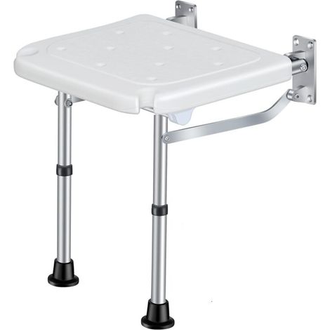 4253 mm hauteur réglable Tabouret de douche pliant mural Tabouret de salle de bain à visser avec pieds antidérapants Trou de drainage Fente pour pomme de douche pour personnes âgées handicapées