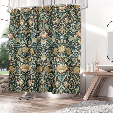 William Morris – Rideau de douche abstrait, motif floral vintage, fleurs sauvages colorées printanières, herbes vertes, plantes, nature, pour salle de bain avec crochets, 180 x 180 cm (1/4)